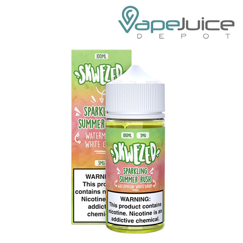 A Box of Sparkling Summer Rush Skwezed eLiquid with a warning sign and a 100ml bottle next to it - Vape Juice Depot