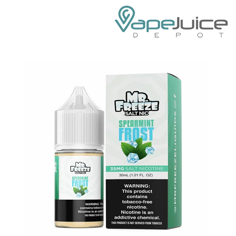 A 30ml bottle of Spearmint Frost Mr Freeze Salts and a box with a warning sign next to it - Vape Juice Depot