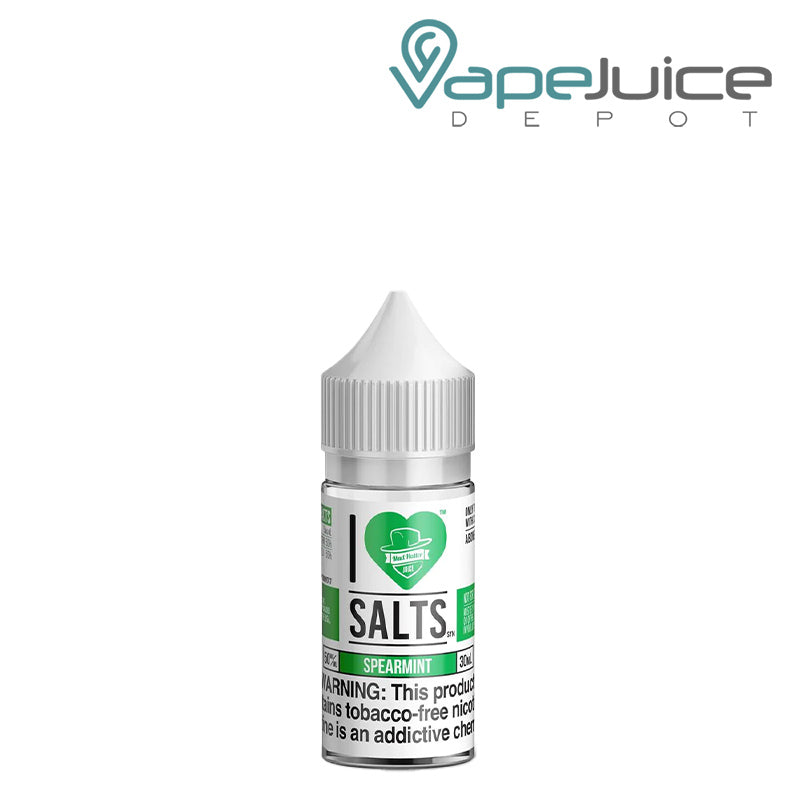 A 30ml bottle of Spearmint Gum I Love Salts by Mad Hatter with a warning sign - Vape Juice Depot