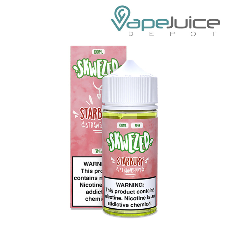 A box of Starbury Skwezed eLiquid with a warning sign and a 100ml bottle next to it - Vape Juice Depot