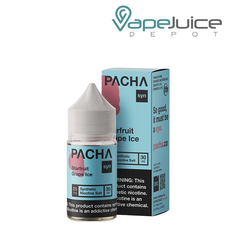 A 30ml bottle of Starfruit Ice Grape PachaMama Salts and a box with a warning sign next to it - Vape Juice Depot