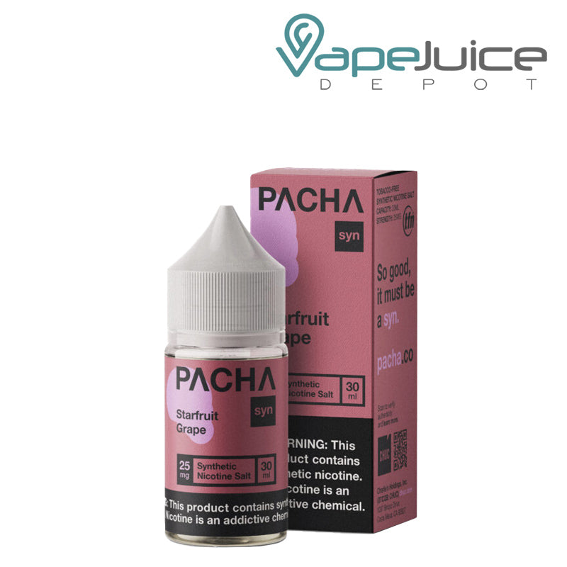 A 30ml bottle of Starfruit Grape PachaMama Salts and a box with a warning sign next to it - Vape Juice Depot