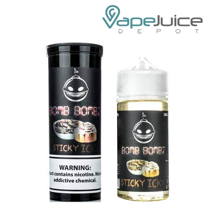 A box of Sticky Icky Bomb Bombz eLiquid with a warning sign and a 100ml bottle next to it - Vape Juice Depot