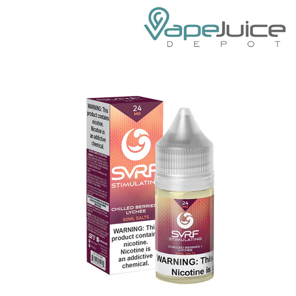 A box of Stimulating SVRF Salt eLiquid with a warning sign and a 30ml bottle next to it - Vape Juice Depot
