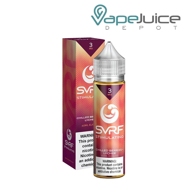 A box of Stimulating SVRF eLiquid with a warning sign and a 60ml bottle next to it - Vape Juice Depot