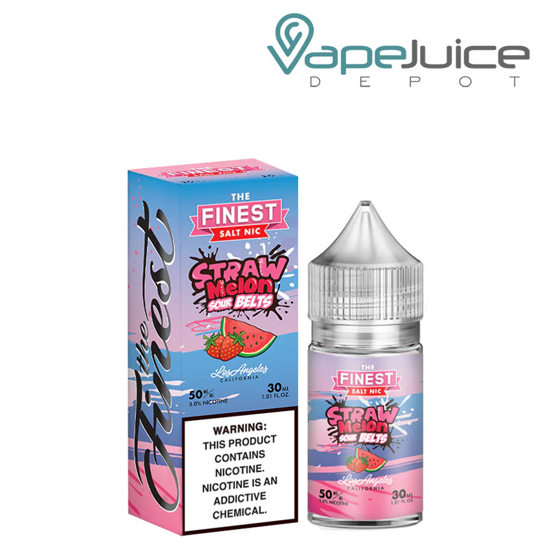 A box of StrawMelon Sour Finest SaltNic Series with a warning sign and a 30ml bottle next to it - Vape Juice Depot