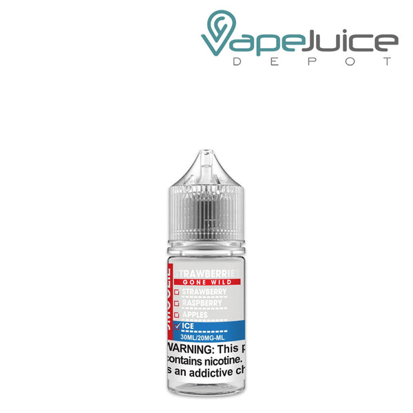 A 30ml bottle of Strawberries Gone Wild Iced Smoozie Salt with a warning sign - Vape Juice Depot