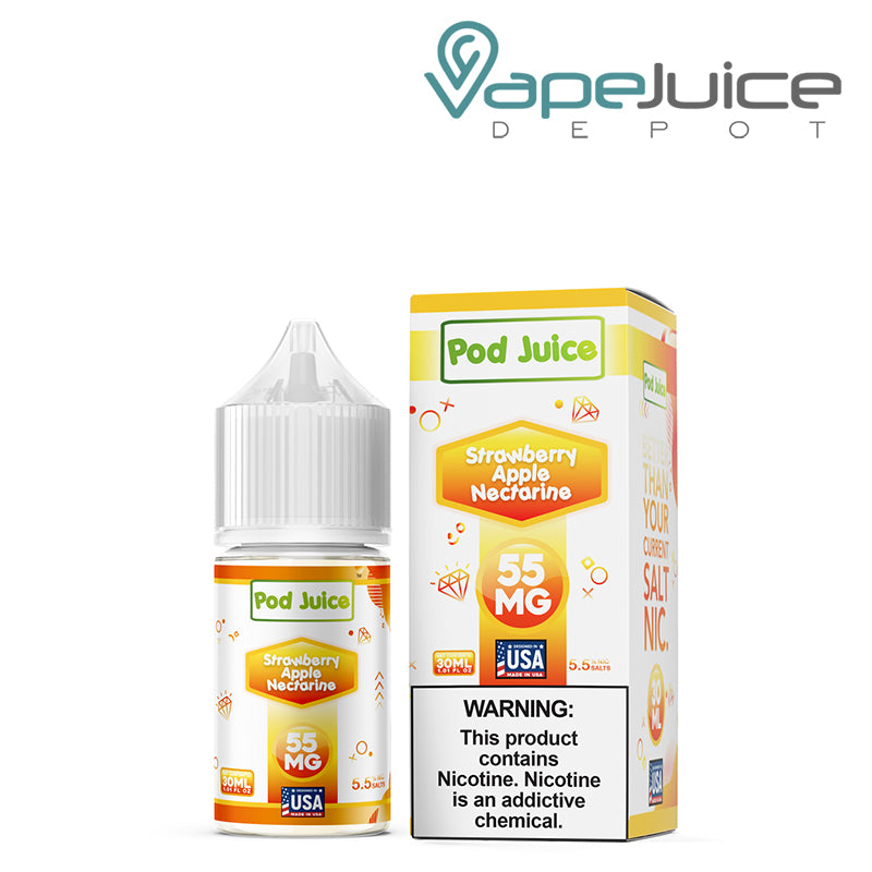 A 30ml bottle of Strawberry Apple Nectarine Pod Juice TFN Salt and a box with a warning sign next to it - Vape Juice Depot