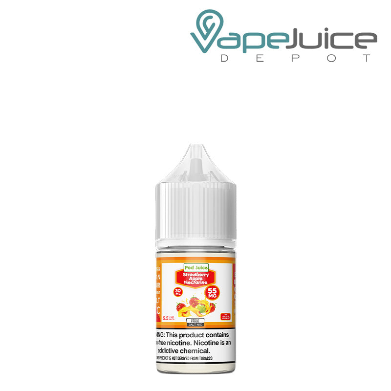 A 30ml bottle of Strawberry Apple Nectarine Pod Juice TFN Salt with a warning sign - Vape Juice Depot
