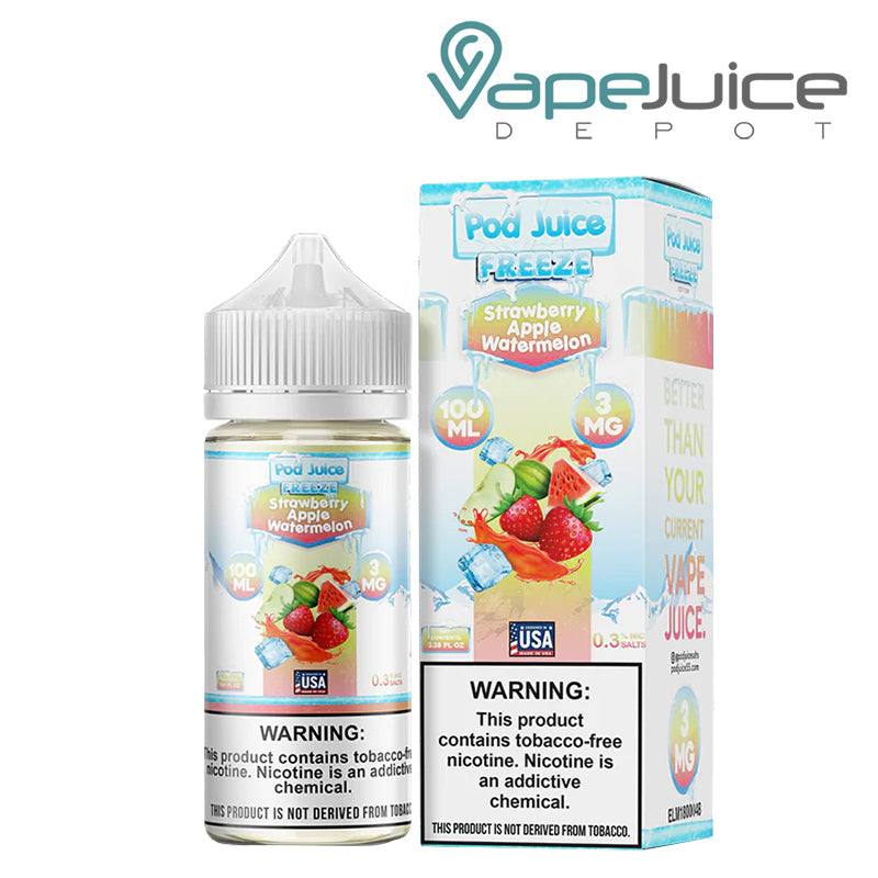 A 100ml bottle of Strawberry Apple Watermelon Freeze Pod Juice TFN with a warning sign and a box next to it - Vape Juice Depot