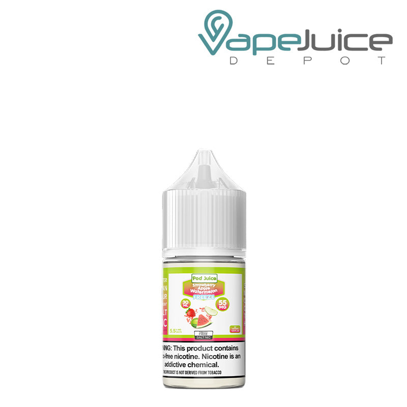 A 30ml bottle of Strawberry Apple Watermelon Freeze Pod Juice TFN Salt with a warning sign - Vape Juice Depot