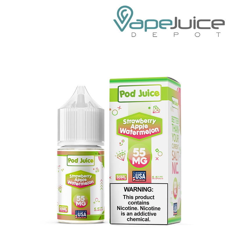 A 30ml bottle of Strawberry Apple Watermelon Pod Juice TFN Salt and a box with a warning sign next to it - Vape Juice Depot