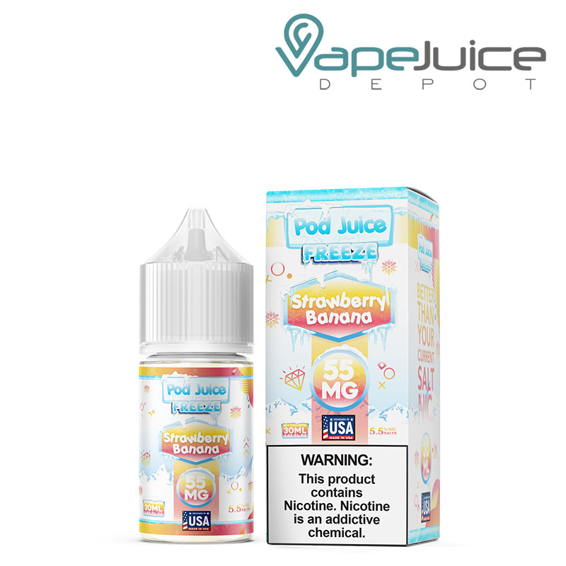 A 30ml bottle of Strawberry Banana Freeze Pod Juice TFN Salt and a box with a warning sign next to it - Vape Juice Depot