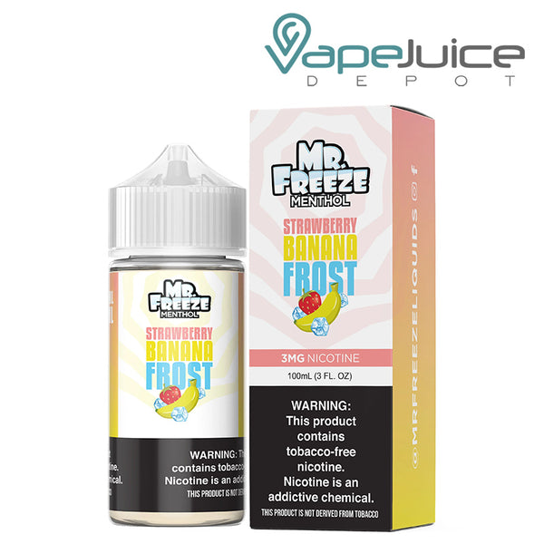 A 100ml bottle of Strawberry Banana Frost Mr Freeze eLiquid and a box with a warning sign next to it - Vape Juice Depot