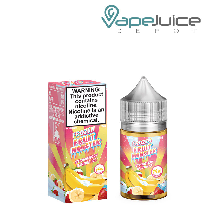 A box of Strawberry Banana Ice TFN Salt Frozen Fruit Monster and a 30ml bottle next to it - Vape Juice Depot