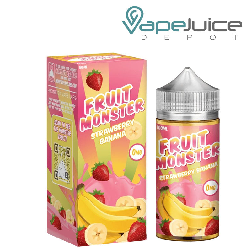 A box of Strawberry Banana TFN Fruit Monster and a 100ml bottle next to it - Vape Juice Depot