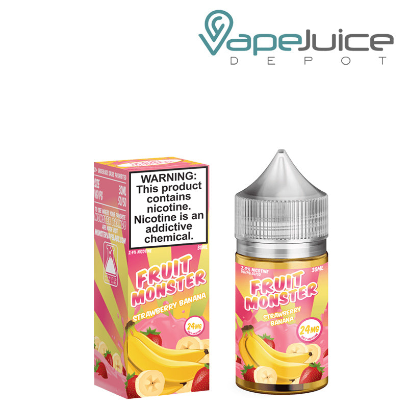 A box of Strawberry Banana TFN Salt Fruit Monster and a 30ml bottle next to it - Vape Juice Depot