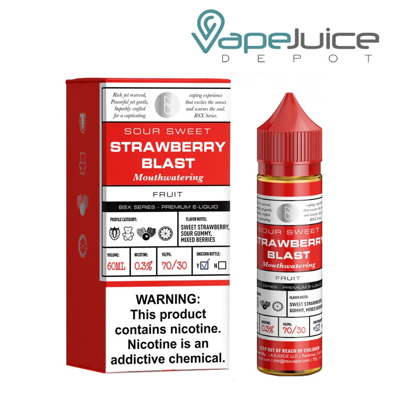 A box of Strawberry Blast Glas Basix Series with a warning sign and a 60ml bottle next to it - Vape Juice Depot