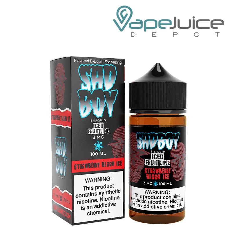 A box of Strawberry Blood Ice SadBoy TFN eLiquid with a warning sign and a 100ml bottle next to it - Vape Juice Depot