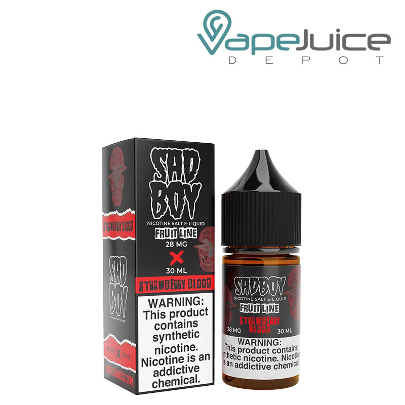 A Box of Strawberry Blood Salt SadBoy eLiquid with a warning sign next to its 30ml bottle - Vape Juice Depot