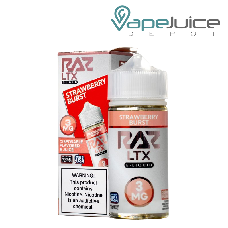 A box of Strawberry Burst Pod Juice x Raz LTX eLiquid with a warning sign and a 100ml bottle next to it - Vape Juice Depot