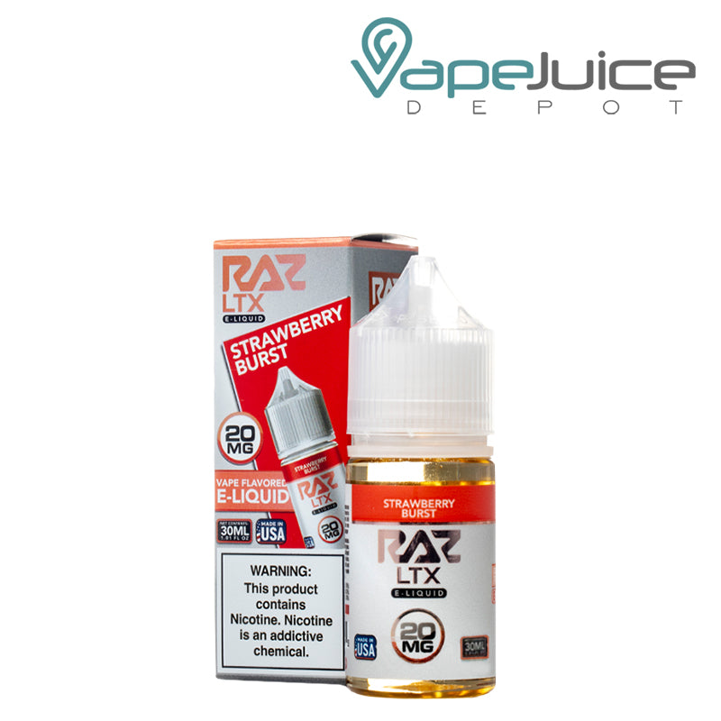 A box of Strawberry Burst Pod Juice x Raz LTX salt with a warning sign and a 30ml bottle next to it - Vape Juice Depot
