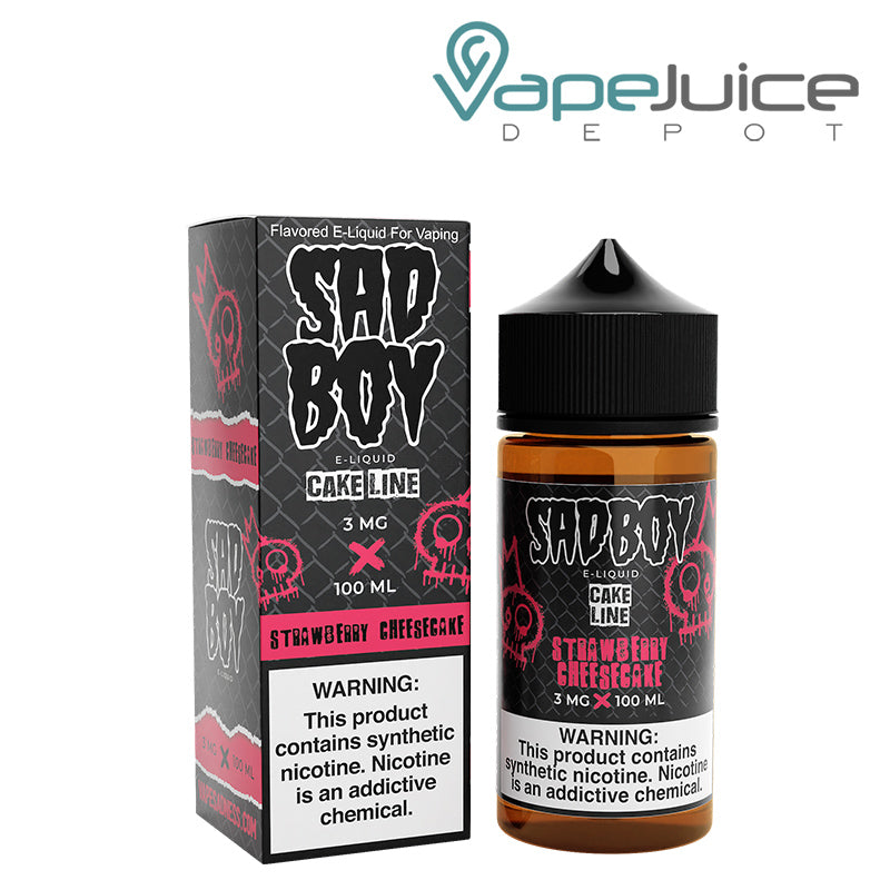 A box of Strawberry Cheesecake SadBoy TFN eLiquid with a warning sign and a 100ml bottle next to it - Vape Juice Depot