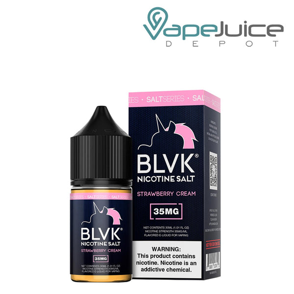 A 30ml bottle of Strawberry Cream Salt BLVK Unicorn and a box with a warning sign next to it - Vape Juice Depot