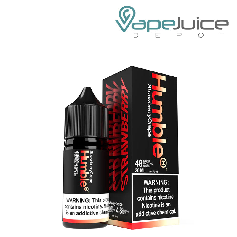 A 30ml bottle of Strawberry Crepe TFN Salts Humble eLiquid with a warning sign and a box next to it - Vape Juice Depot