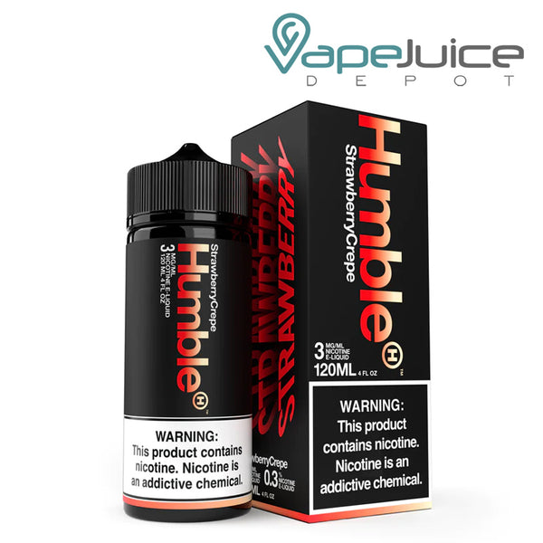 A 120ml bottle of Strawberry Crepe TFN Humble eLiquid and a box with a warning sign next to it - Vape Juice Depot