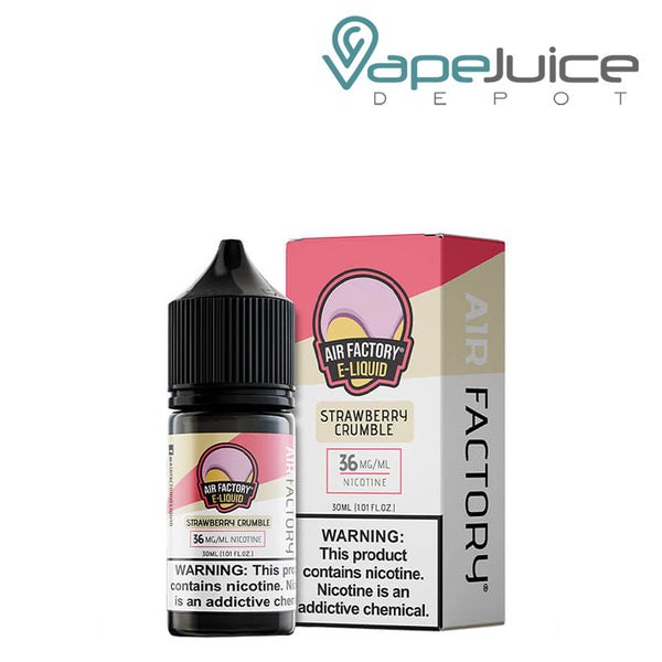 A 30ml bottle of Strawberry Crumble Air Factory Salts and a box with a warning sign next to it - Vape Juice Depot