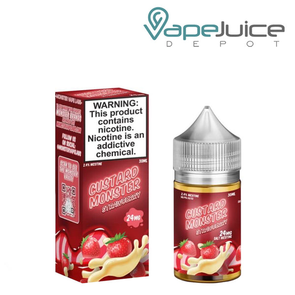 A box of Strawberry Custard Monster Salts with a warning sign and a 30ml bottle next to it - Vape Juice Depot