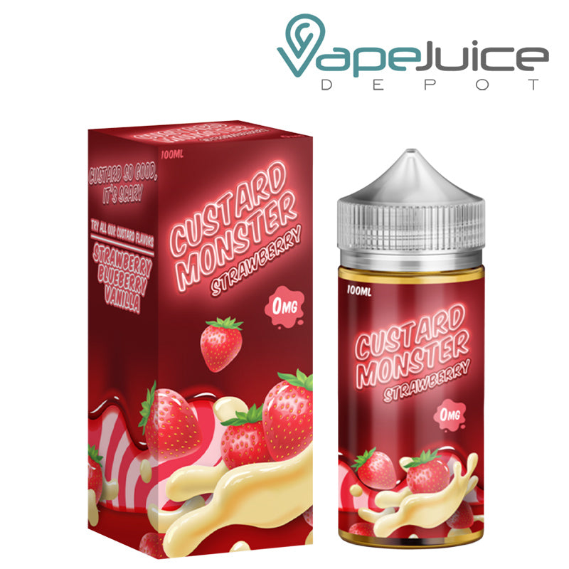 A box of Strawberry Custard Monster eLiquid and a 100ml bottle next to it - Vape Juice Depot