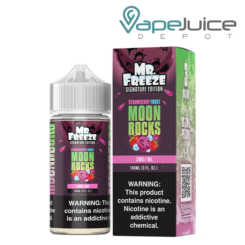 A 100ml bottle of Strawberry Frost Moonrocks Mr Freeze and a box with a warning sign next to it - Vape Juice Depot
