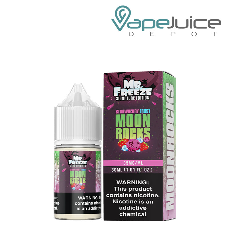 A 30ml bottle of Strawberry Frost Moonrocks Mr Freeze Salts and a box with a warning sign next to it - Vape Juice Depot