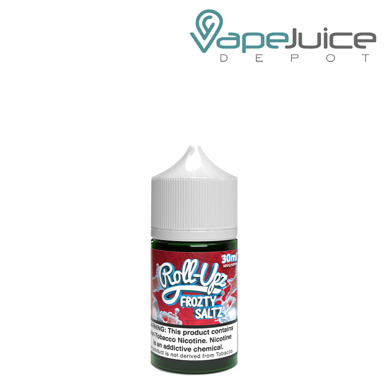 A 30ml bottle of Strawberry Frozty Juice Roll Upz Salt with a warning sign - Vape Juice Depot