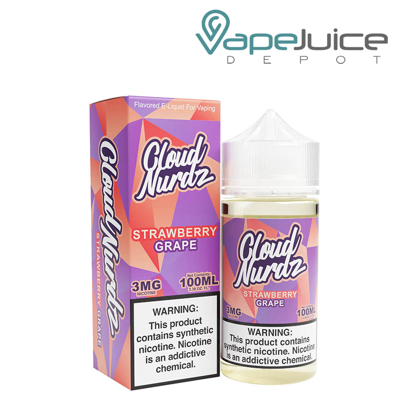 A box of Strawberry Grape TFN Cloud Nurdz with a warning sign and a 100ml bottle next to it - Vape Juice Depot