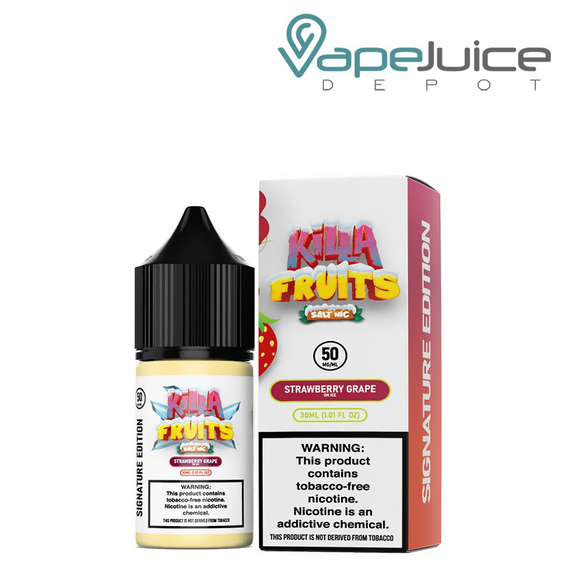 A 30ml bottle of Strawberry Grape On Ice Killa Fruits Signature TFN Salt and a box with a warning sign next to it - Vape Juice Depot