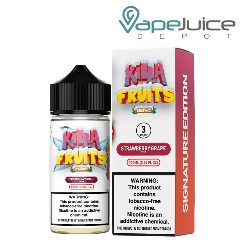 A 100ml bottle of Strawberry Grape On Ice Killa Fruits Signature TFN Series and a box with a warning sign next to it - Vape Juice Depot