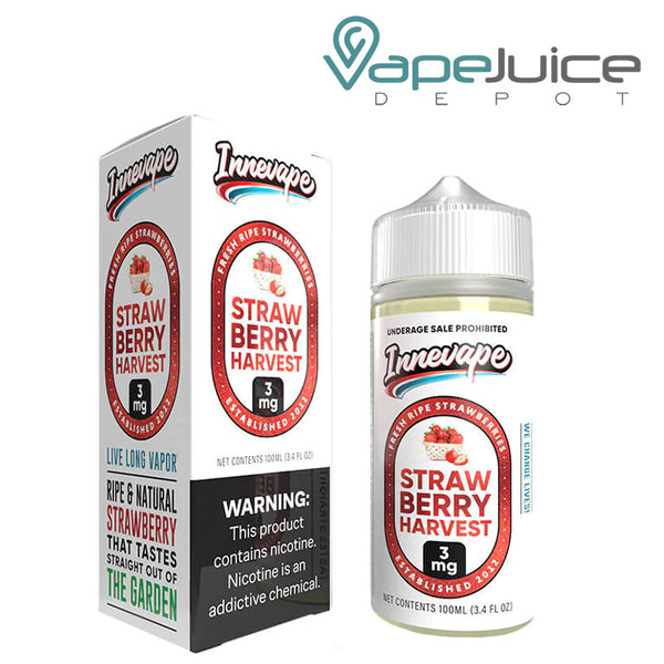 A box of Strawberry Harvest Innevape TFN eLiquid with a warning sign and a 100ml bottle next to it - Vape Juice Depot