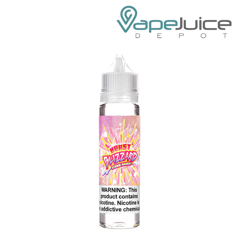 A 60ml bottle of Strawberry Ice Burst eLiquid with a warning sign - Vape Juice Depot