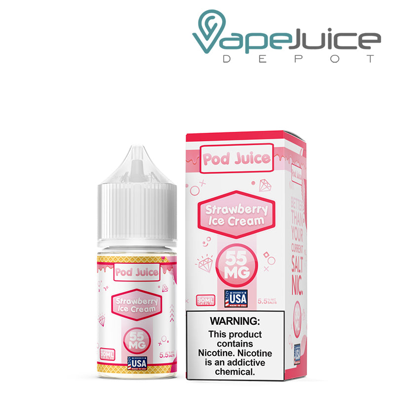 A 30ml bottle of Strawberry Ice Cream Pod Juice TFN Salt and a box with a warning sign next to it - Vape Juice Depot