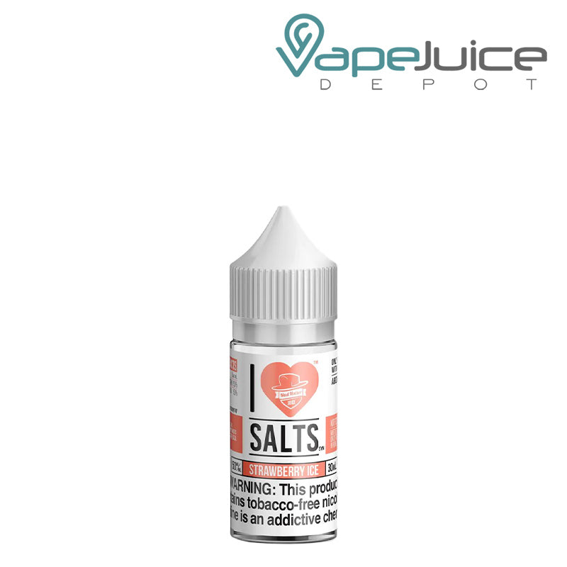 A 30ml bottle of Strawberry Ice I Love Salts by Mad Hatter with a warning sign - Vape Juice Depot