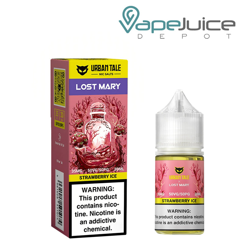 A Box of Strawberry Ice Urban Tale x Lost Mary Salt 35mg with a warning sign and a 30ml bottle next to it - Vape Juice Depot