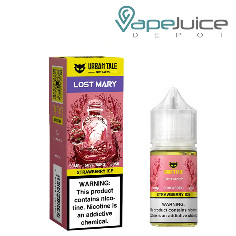 A Box of Strawberry Ice Urban Tale x Lost Mary Salt 50mg with a warning sign and a 30ml bottle next to it - Vape Juice Depot