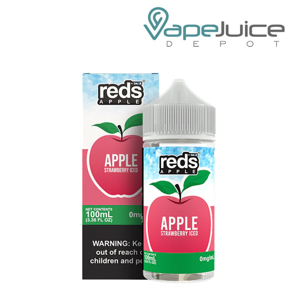 A box of Strawberry Iced 7Daze Reds Apple eJuice 100ml with a warning sign and a 100ml bottle next to it - Vape Juice Depot