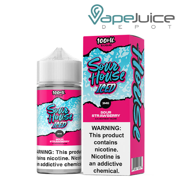 A Strawberry Iced Sour House eLiquid 100ml with a warning sign and a box next to it - Vape Juice Depot