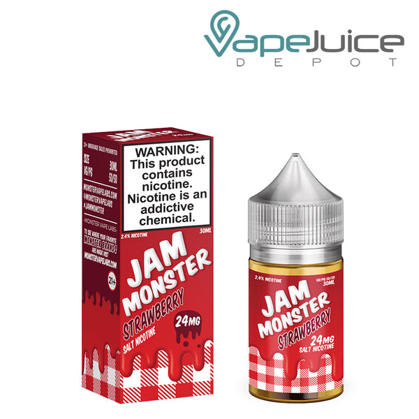 A box of Strawberry Jam Monster Salt with a warning sign and a 30ml bottle next to it - Vape Juice Depot