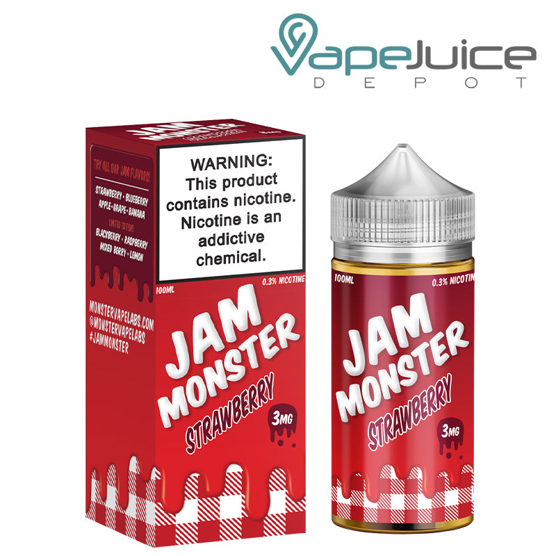 A box of Strawberry Jam Monster eLiquid with a warning sign and a 100ml bottle next to it - Vape Juice Depot