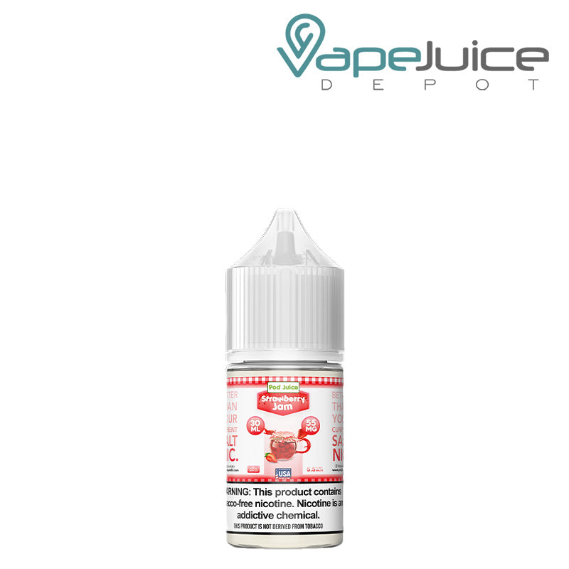 A 30ml bottle of Strawberry Jam Pod Juice TFN Salt with a warning sign - Vape Juice Depot